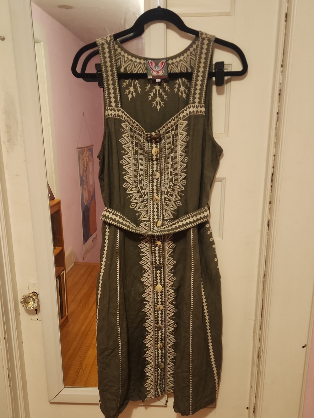 Johnny Was Linen Embroidered Olive Green Dress